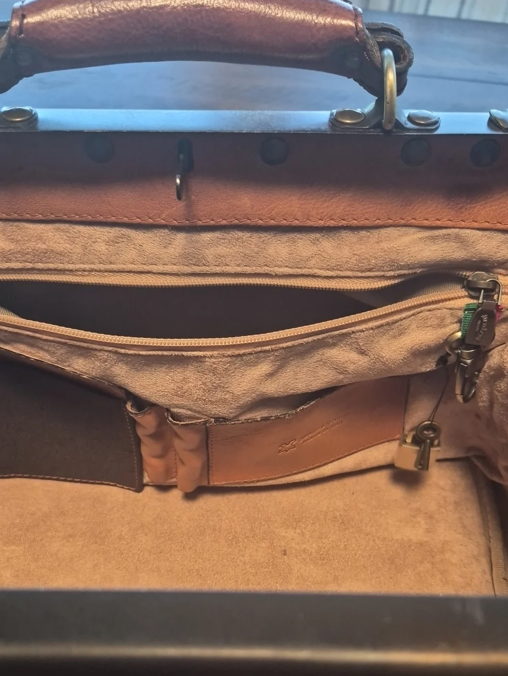 Two-Tone Brown Leather Satchel with Top Handle